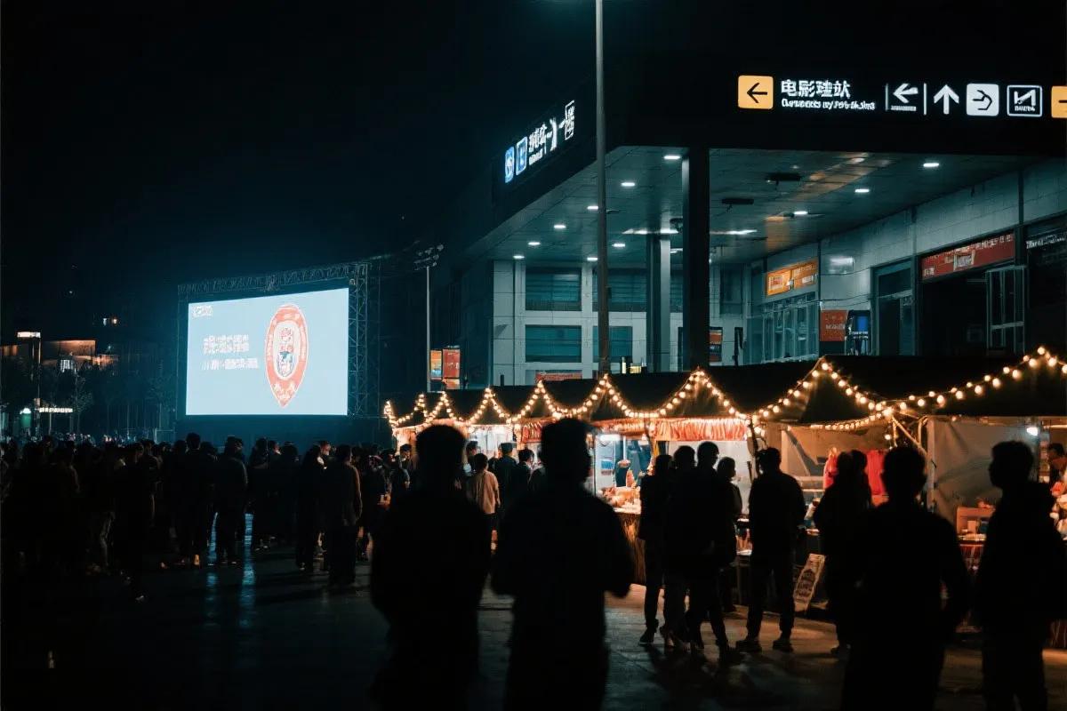 费城球迷广场夜景：大屏观赛人群、步行指示牌与公共交通入口